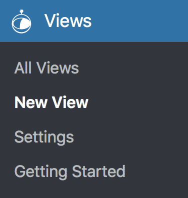 WordPress sidebar, the New View option, which is under the heading Views, is selected.