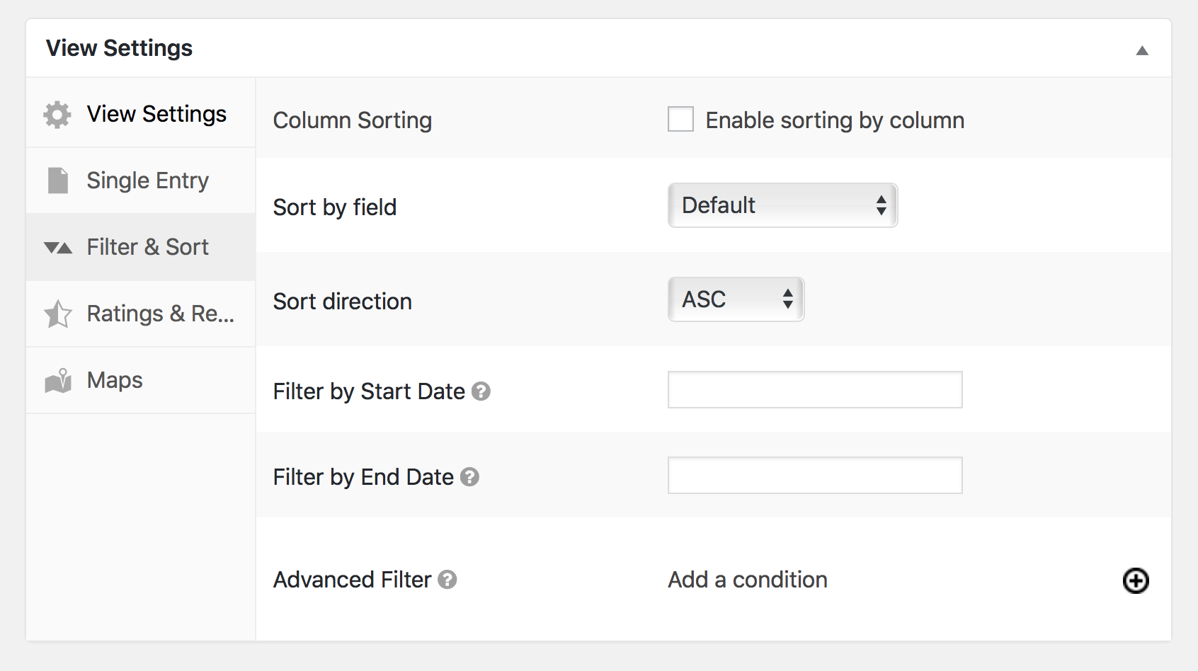 Filter and Sort settings in GravityView show a list of settings that will modify how sorting behaves