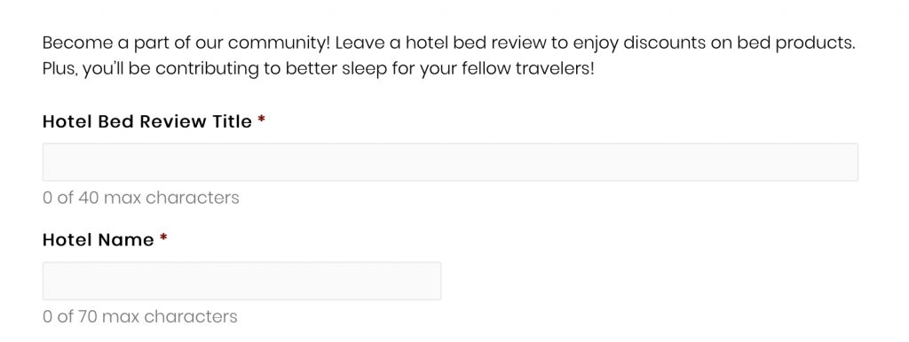 A web form with two fields - one for the Hotel Bed Review Title and one for the Hotel Name