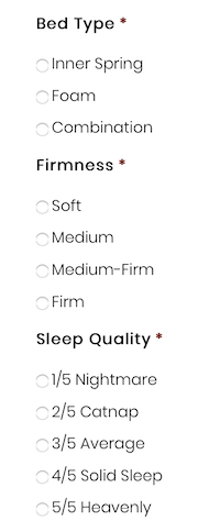 Checkboxes to grade the Bed Type, Firmness and Sleep Quality of hotel beds