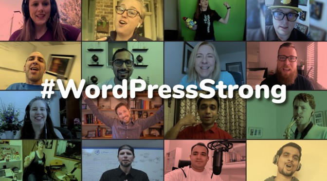 #WordPressStrong text above a grid of singers who perfomed in the video
