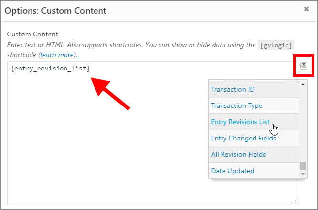The 'entry revision list" merge tag inside a GravityView Custom Content field.