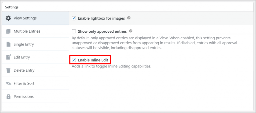 The "Enable Inline Edit" checkbox in the View Settings meta box
