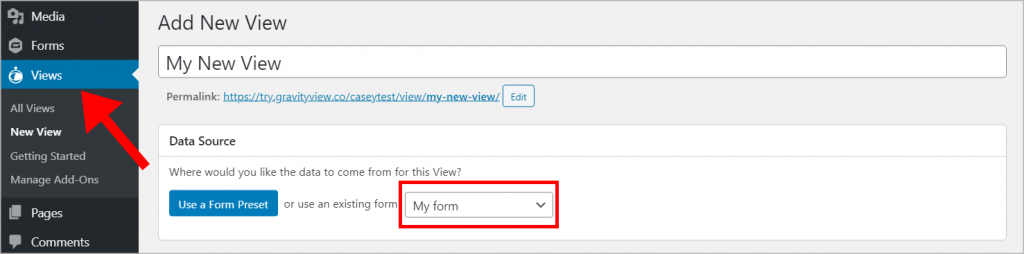 Creating a new view in the WordPress dashboard