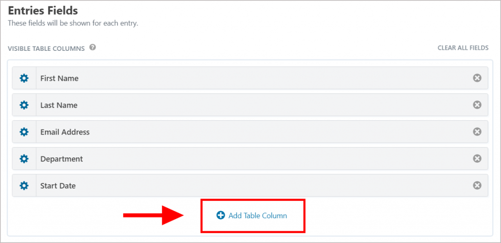 Highlighting the "Add Table Column" button for adding fields to a View