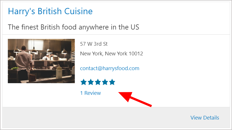 A listing view displaying the profile of a restaurant. There is a 5-star ratings showing with 1 review.