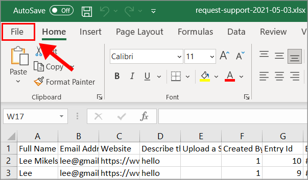 An open Microsoft Excel spreadsheet with an arrow pointing to "File" in the top left corner