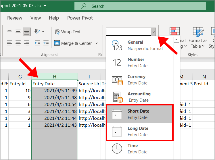 Showing the format dropdown menu in Excel where you can change the data format to a date format