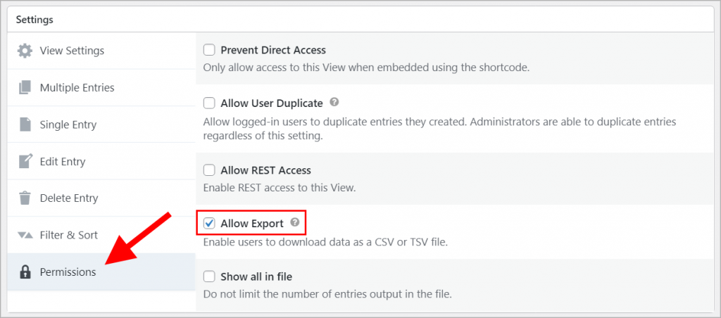 Highlighting the "Allow Export Checkbox" in the Permissions panel under the View Settings in GravityView