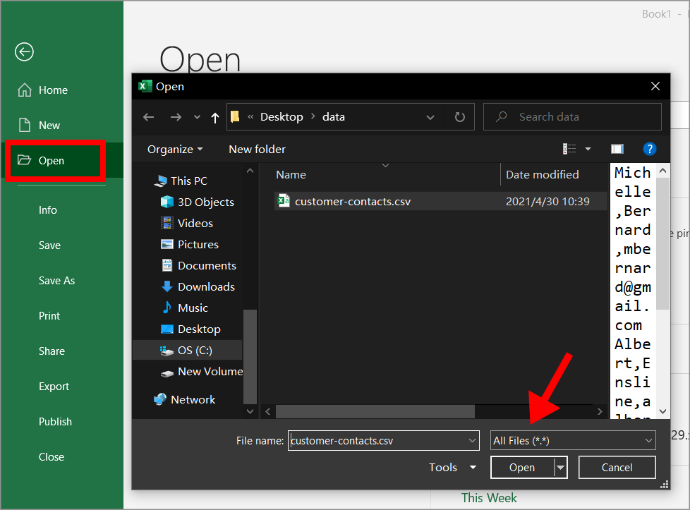 The Microsoft Excel "Open" window when selecting a new CSV file to open