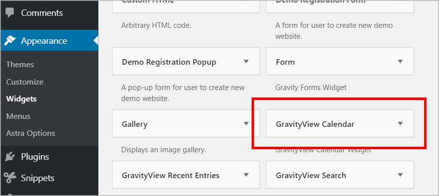 The WordPress widgets page with the GravityView Calendar widget highlighted