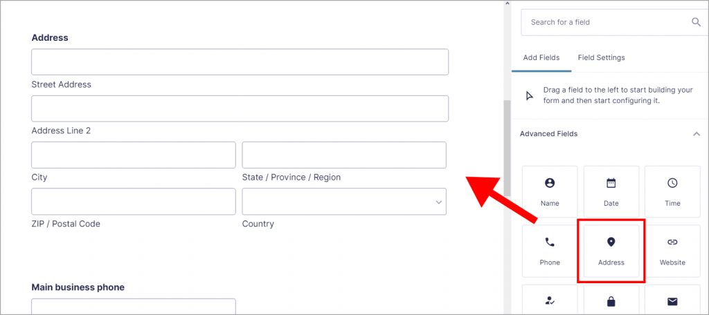 The Gravity Forms form editor with the Address field highlighted