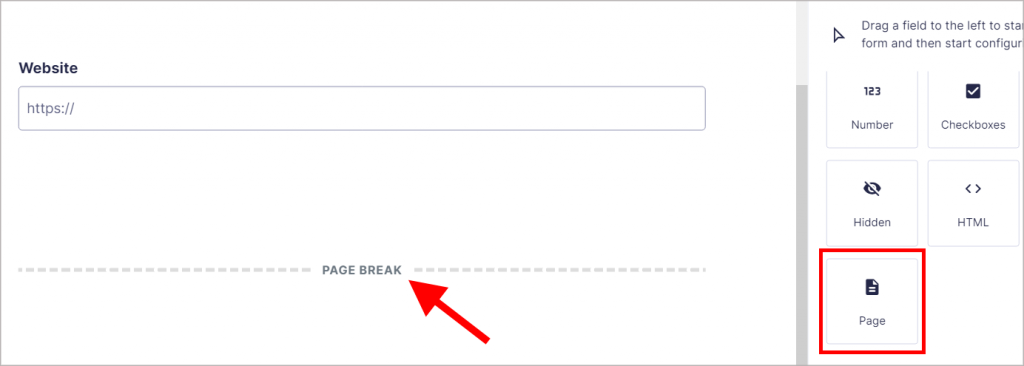 An arrow pointing to a "Page Break" on the Gravity Forms Edit Form screen
