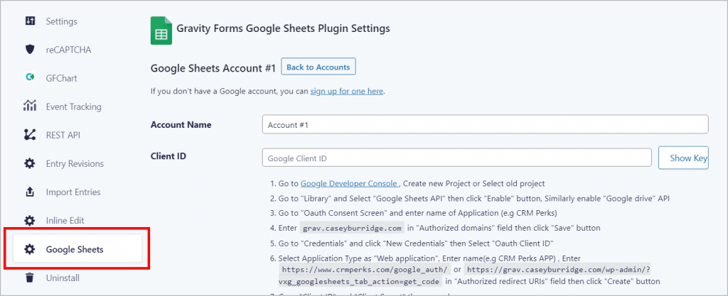 The Gravity Forms Google Sheets Plugin Settings page