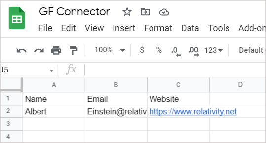 A Google Sheet showing data from a Gravity Forms entry
