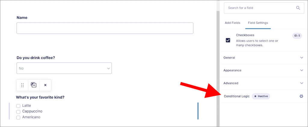 The form builder in Gravity Forms with an arrow pointing to the "Conditional Logic" tab under "Field Settings".