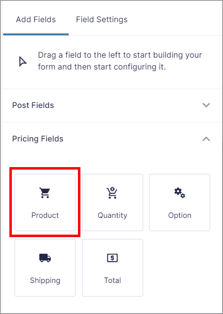 The different Gravity Forms Pricing Fields, with the "Product" field highlighted