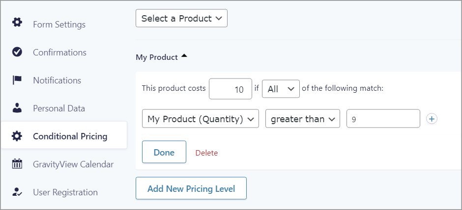 The "Conditional Pricing" settings in Gravity forms