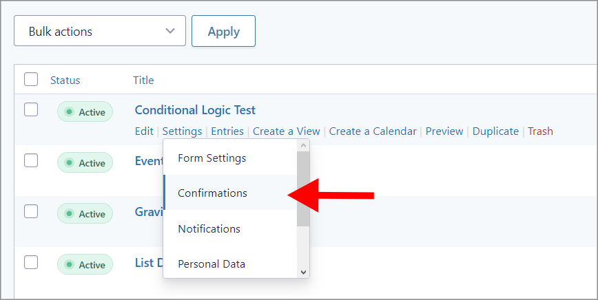 An arrow pointing to the "Confirmations" link under "Settings".
