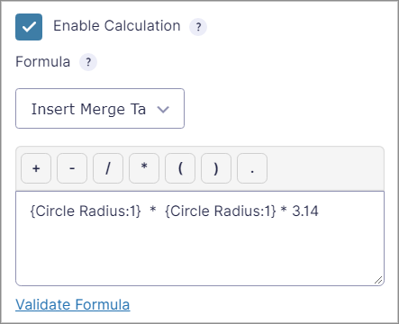 The "Enable Calculation" box showing the formula for calculating the area of a circle