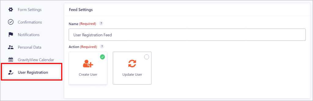 Creating a new User Registration feed in Gravity Forms