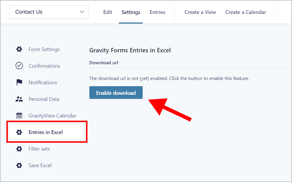 "Enable download" button on the "Entries in Excel" feed tab