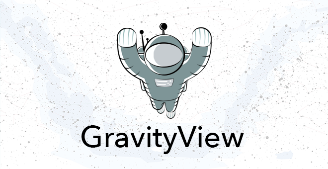 Floaty, the GravityView mascot flying on a star background with the word GravityView underneath