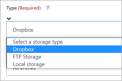The "Type" dropdown menu with the "Dropbox" option highlighted