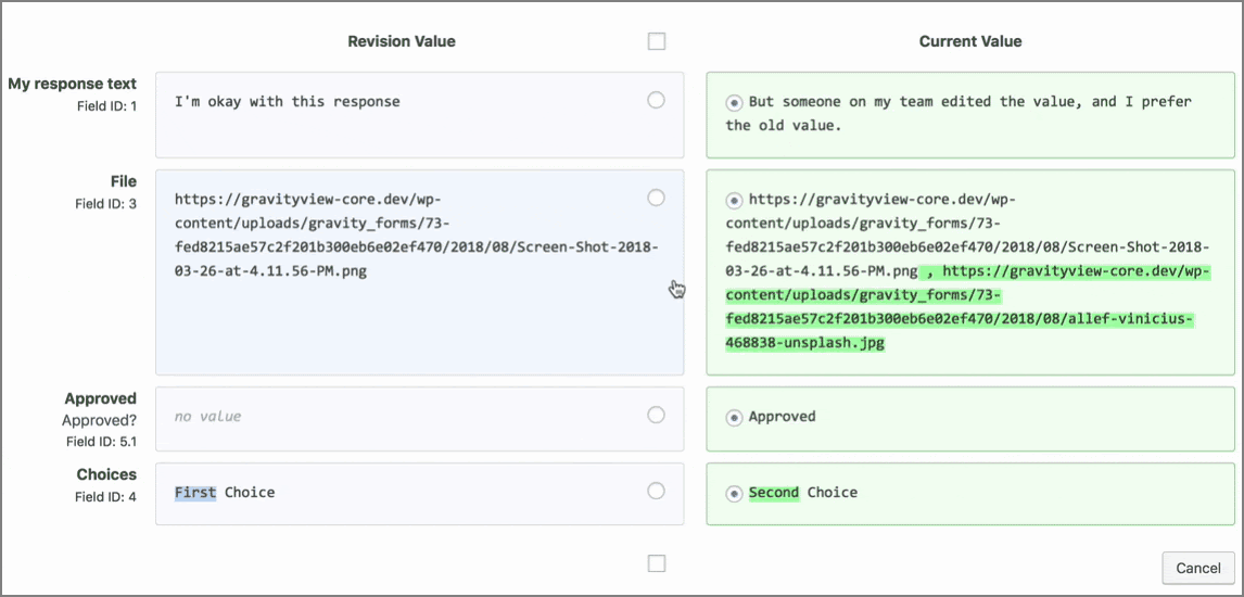 Demonstrating the "Restore Values" functionality for Entry Revisions 
