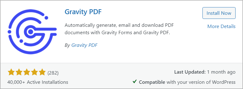 The Gravity PDF plugin showing 40,000 active installations and 282 reviews with a 5-star rating