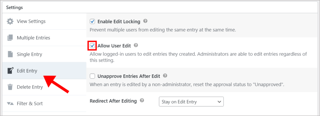 The GravityView Setting box, showing the "Allow User Edit" checkbox under the "Edit Entry" tab.