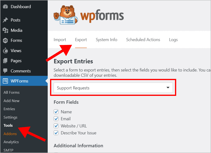 The WPForms 'Tools' page in WordPress with an arrow pointing to the 'Export' tab 