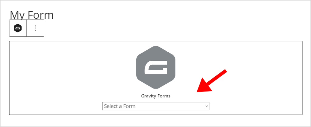The Gravity Forms block dropdown field to select a form