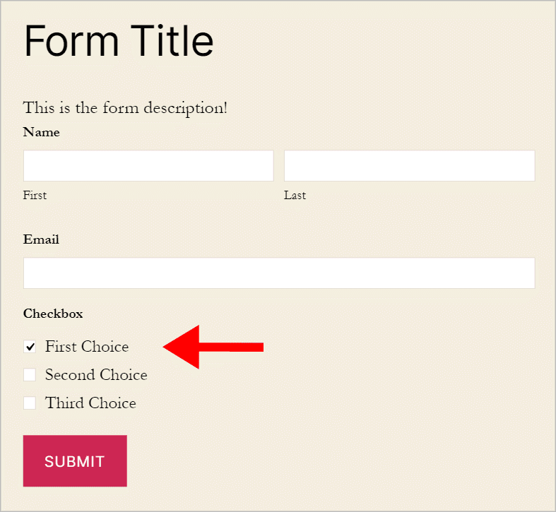 A form on the front end containing a checkbox field where the first option is already checked