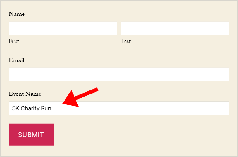 A form on the front end with the 'Event Name' field prepopulated with the text '5K Charity Run'