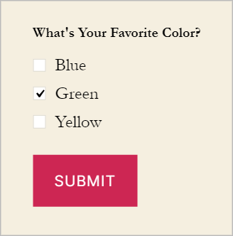 A checkbox field asking 'what's your favorite color'. The option 'green' is checked.