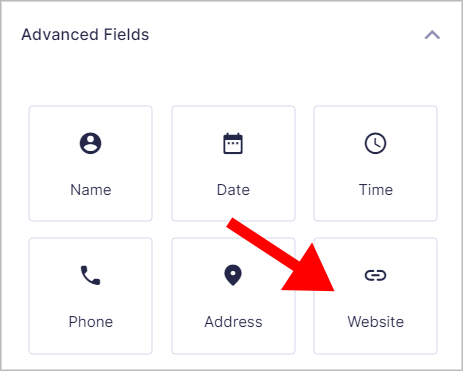 The 'Advanced Fields' tab in Gravity Forms with an arrow pointing to the Website field