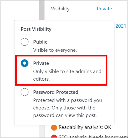 The Post Visibility settings with the 'Private' option checked