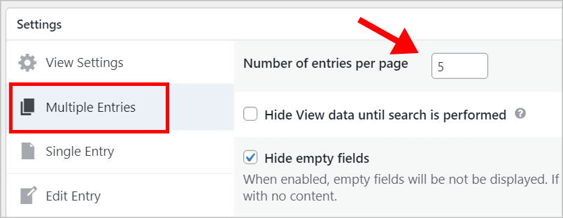The 'Number of entries per page' input box in the View Settings