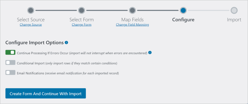 The Configure Import Options screen in Import Entries.