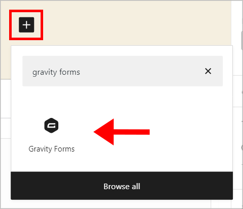 An arrow pointing to the 'Gravity Forms' block in the WordPress block editor