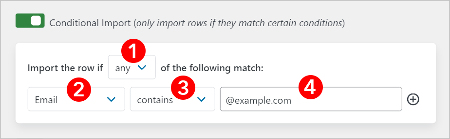 Import Entries conditional logic with each input field marked from 1 to 4.