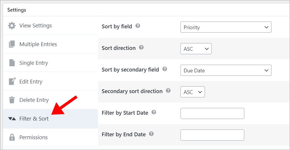 An arrow pointing to the 'Filter & Sort' tab in the GravityView Settings