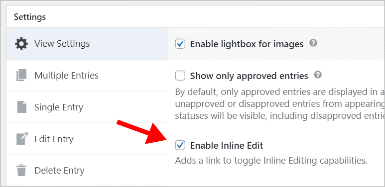 An arrow pointing to a checkbox that says Enable Inline Edit