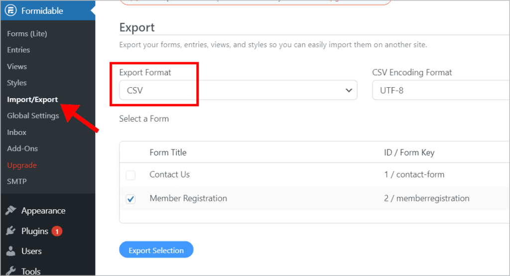 The Formidable Forms Import/Export page in WordPress