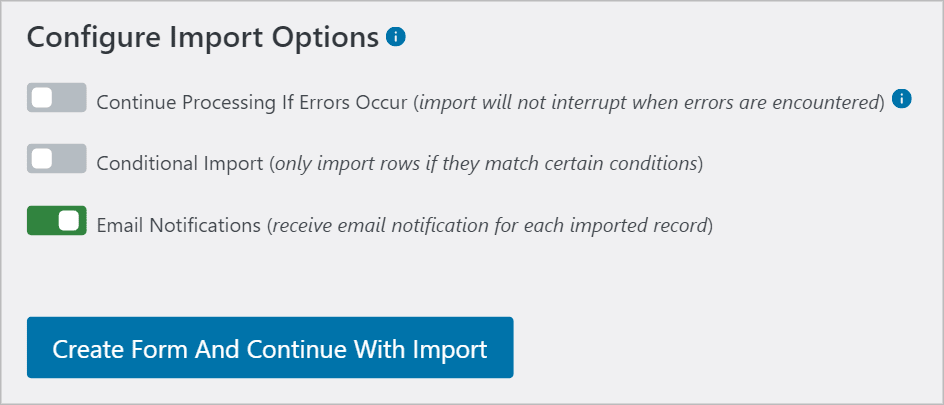 The Import Options screen in Import Entries