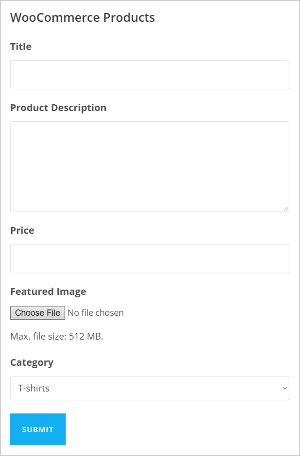 A Gravity Forms on the front end with 5 fields - Title, Product Description, Price, Featured Image and Category.