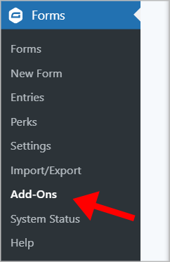 The 'Add-Ons' link underneath Forms in the WordPress admin menu