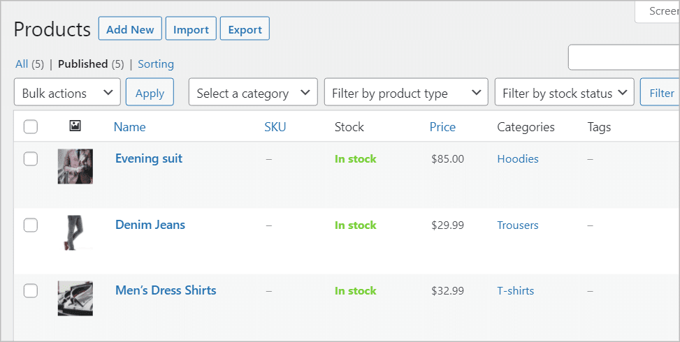 The WooCommerce Products page in WordPress  showing the imported products