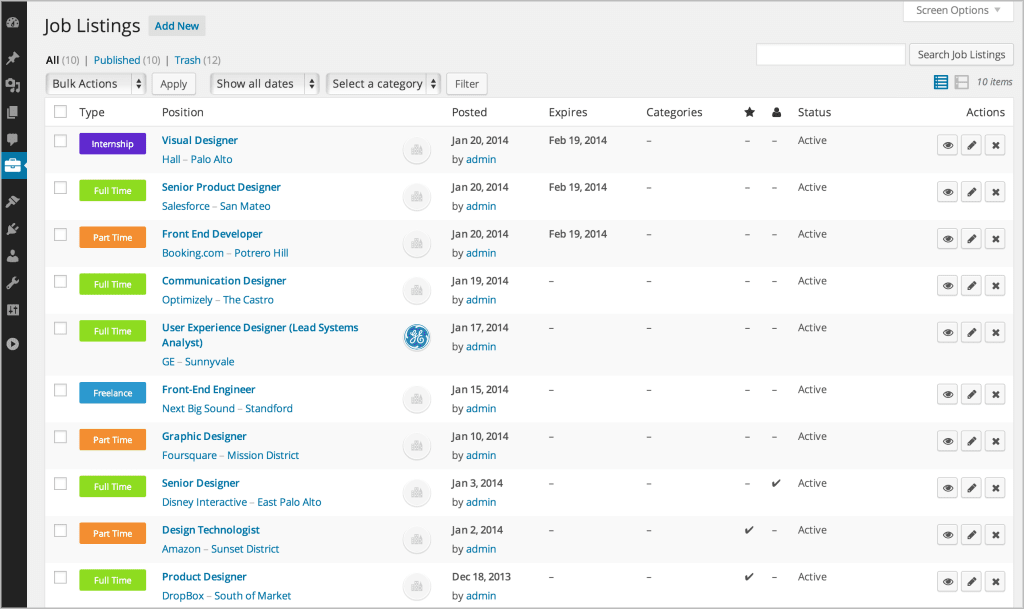WordPress Admin dashboard showing job listings